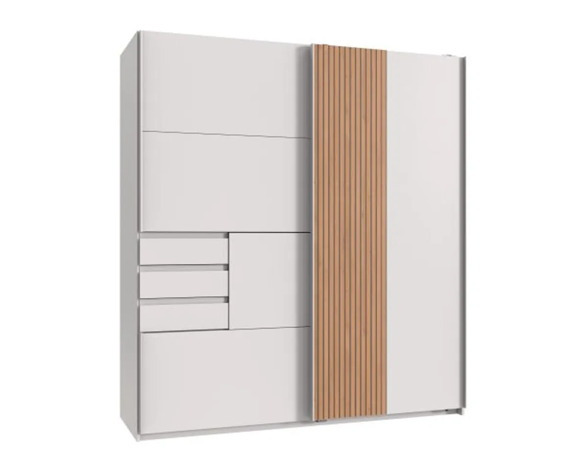 Schwebetürenschrank- B ca. 180 cm, Weiß, Eiche Dekor