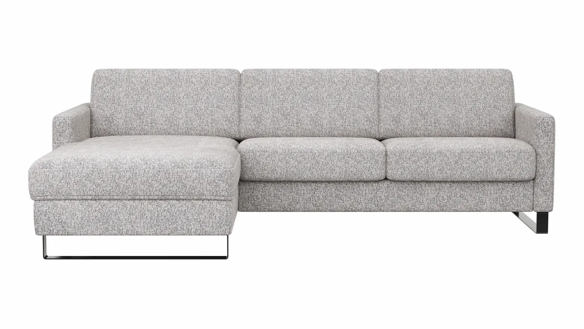 Schlafsofa Laredo - Longchair mit 2-Sitzer rechts inkl. Schlaffunktion mit Bettkasten, Stoff, Graubeige