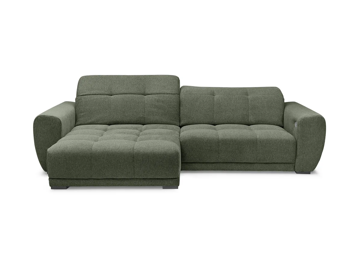 Ecksofa - Longchair links mit 2-Sitzer, Kopfteil verstellbar, Sitztiefe verstellbar motorisch, Stoff, Moos