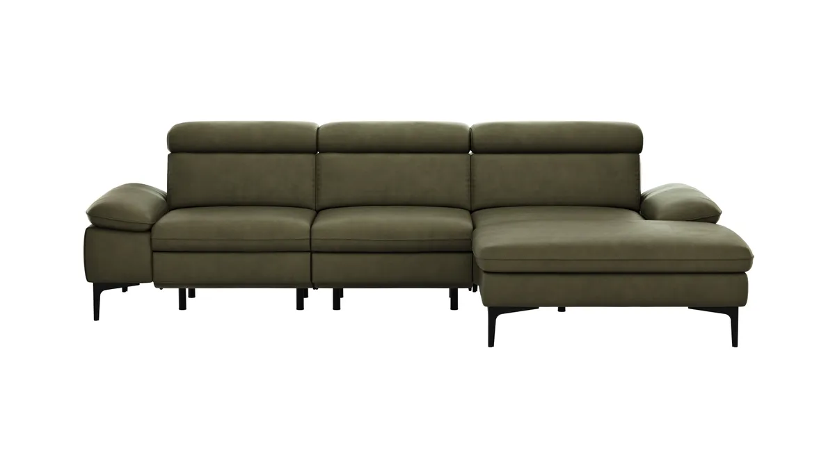 Ecksofa Felipa - 2,5-Sitzer mit Longchair rechts inkl. Armlehne verstellbar und Rückenlehne/Sitztiefe verstellbar (motorisch), Leder, Olive
