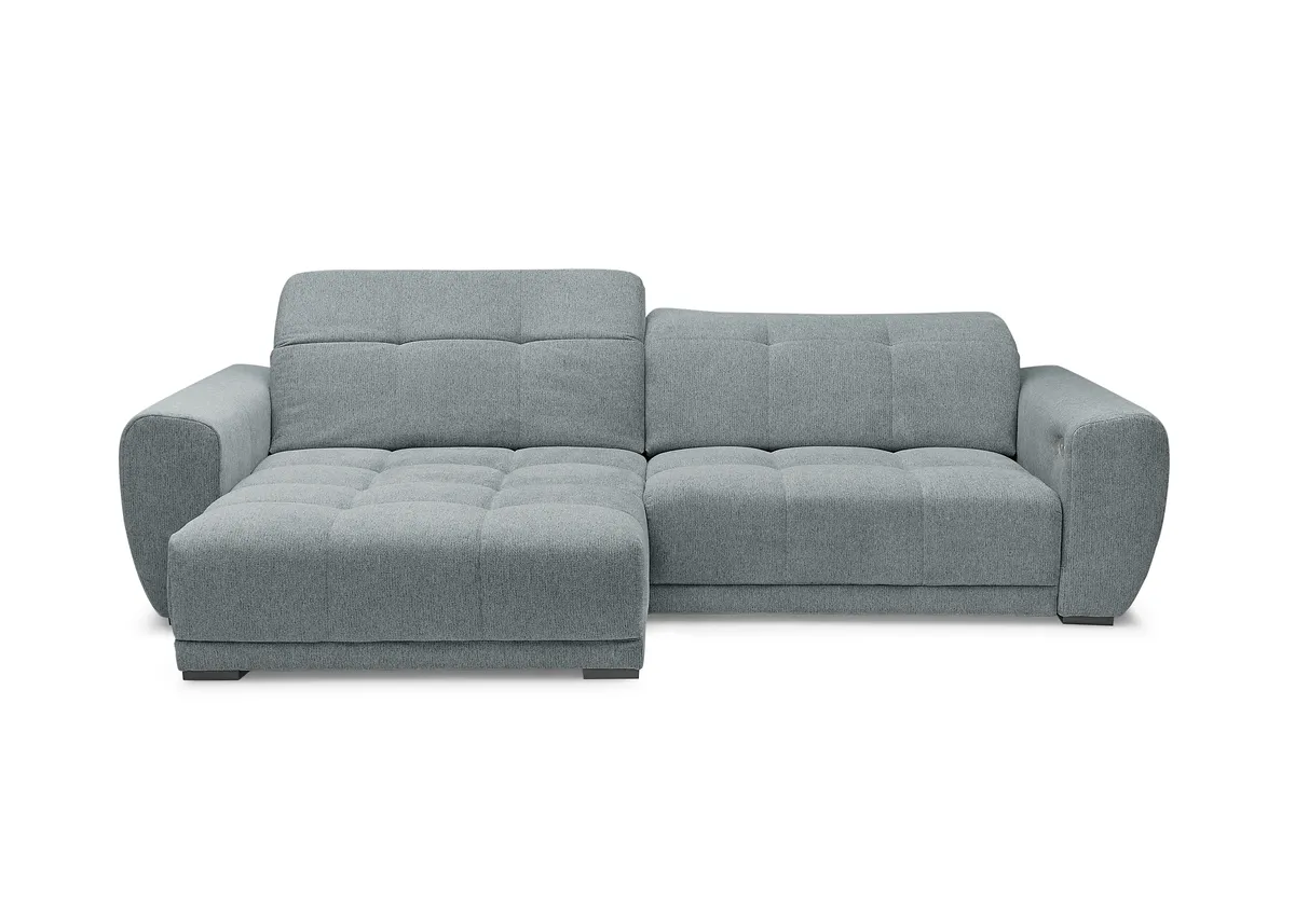 Ecksofa - Longchair links mit 2-Sitzer, Kopfteil verstellbar, Sitztiefe verstellbar motorisch, Stoff, Eisblau