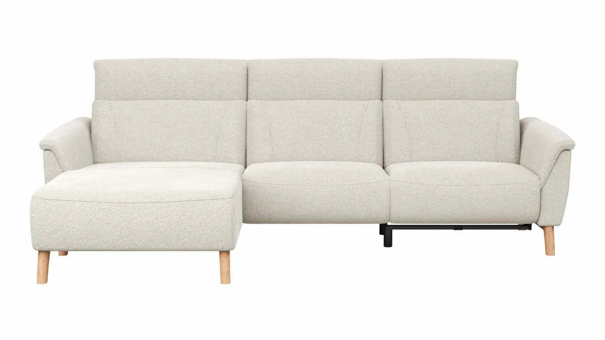 Ecksofa Nevin - Longchair links mit 2-Sitzer rechts, inkl. Relaxfunktion (motorisch) und Kopfpolsterverstellung, Stoff, Weiß