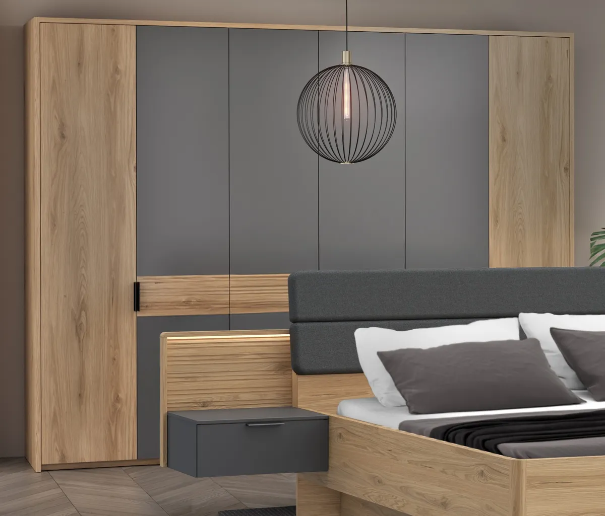Drehtürenschrank FALLEA- B ca. 265 cm, Wildeiche Natur, Dunkelgrau