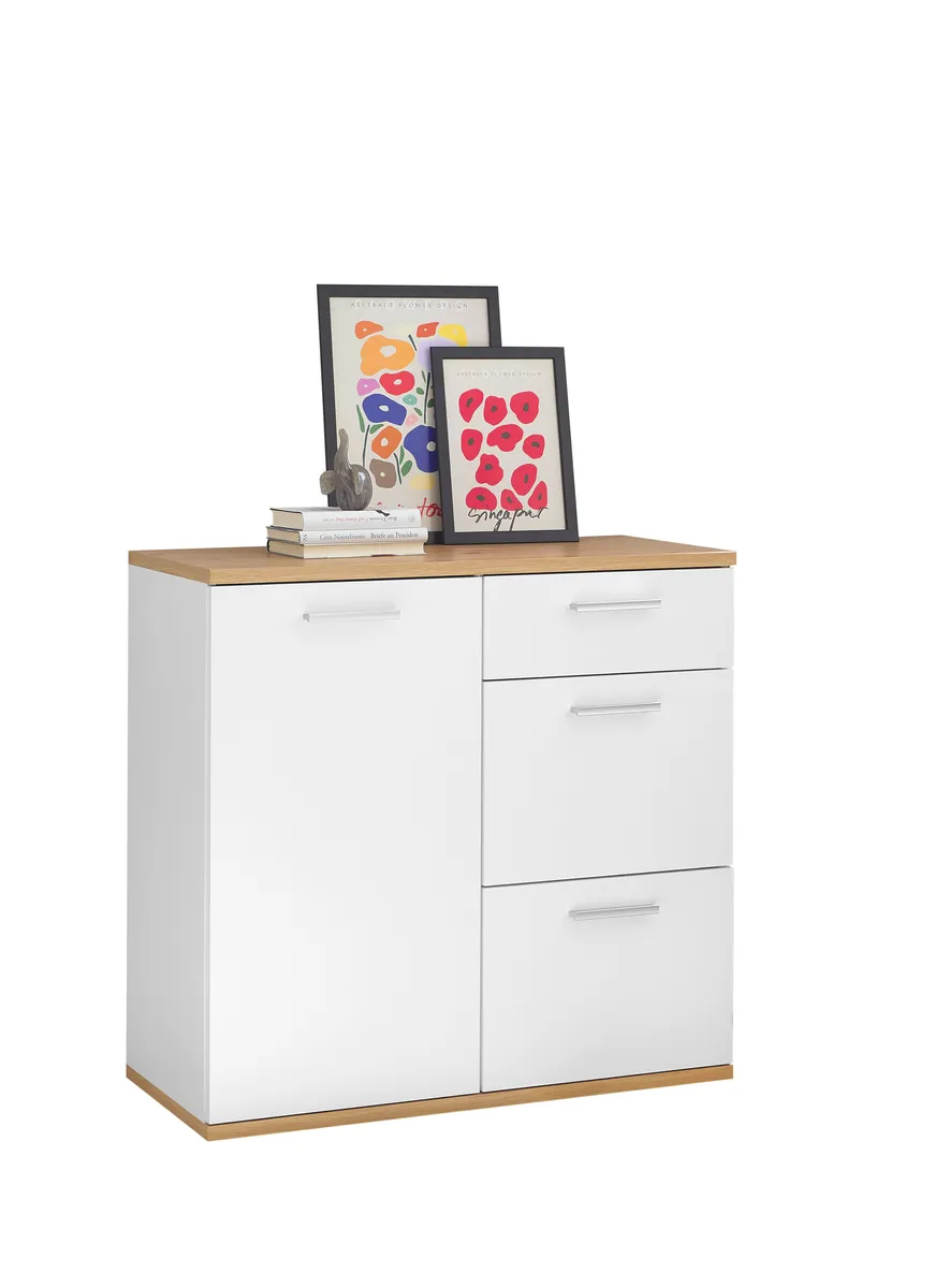 Kommode - B ca. 95 cm, Weiß, Artisan Eiche Nachbildung