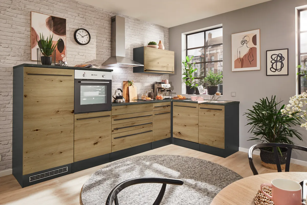 Küchenblock Eck- Inkl. E-Geräte, B ca. 320 cm, Anthrazit, Eiche Dekor