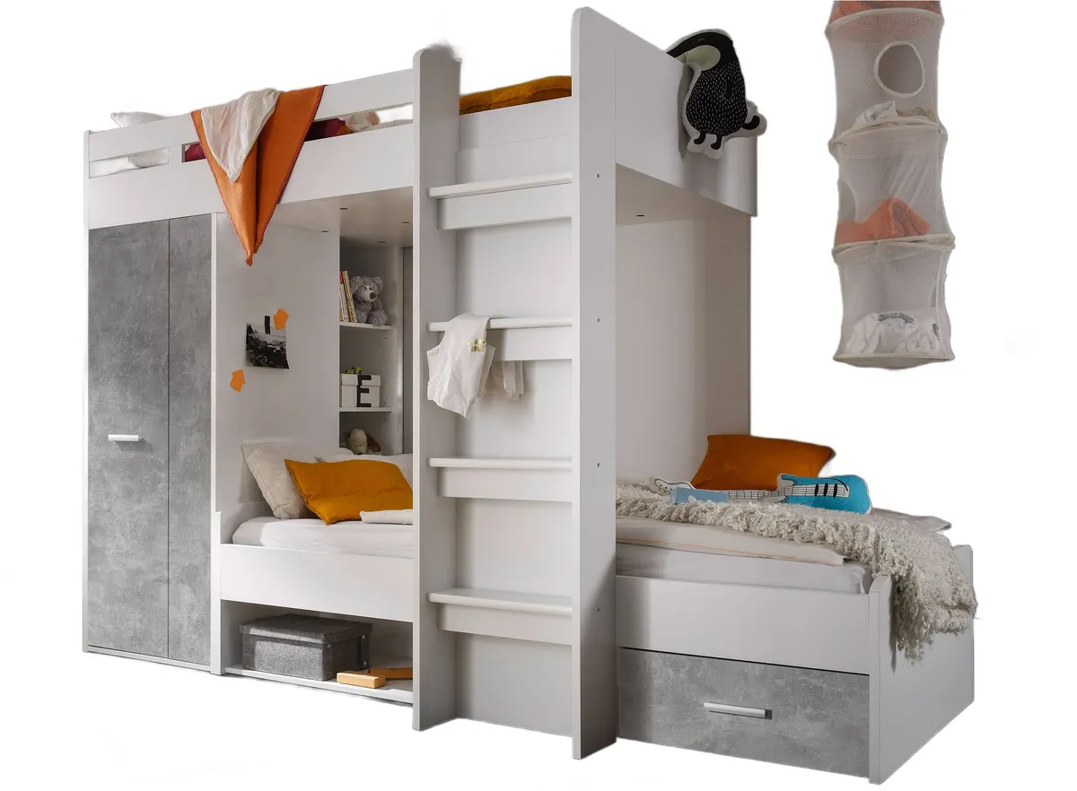 Hochbett- Liegefläche ca.90x200 cm, Weiß, Betonoptik Grau