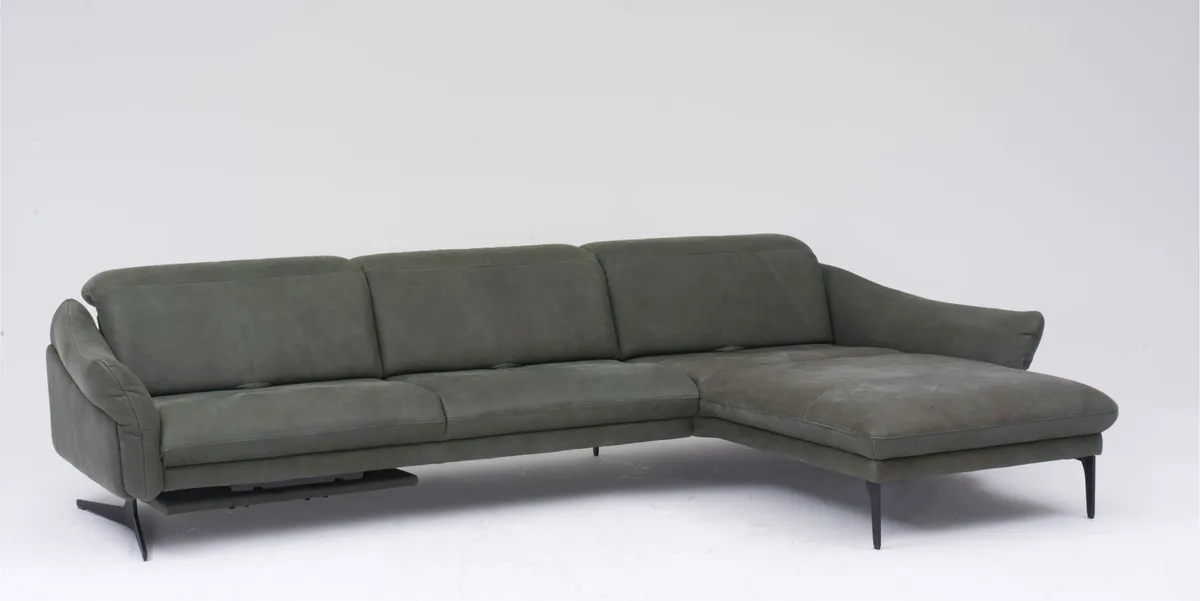 Ecksofa - 3-Sitzer mit Longchair rechts, Kopfteil/Sitztiefe verstellbar, Leder, Grün