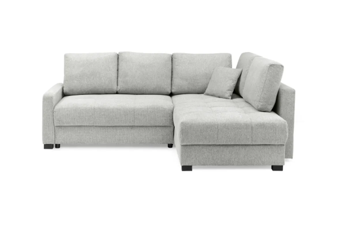 Ecksofa EDWIN - 2-Sitzer, Ecke rechts inkl. Schlaffunktion und Bettkasten, Stoff, Hellgrau
