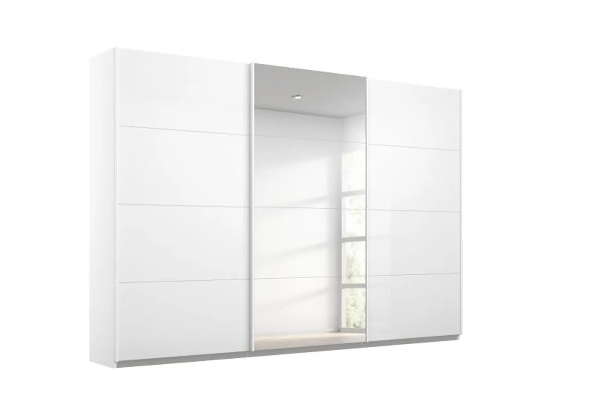 Schwebetürenschrank RIVASA- B ca. 271 cm, Weiß, Weiß Hochglanz, Spiegel