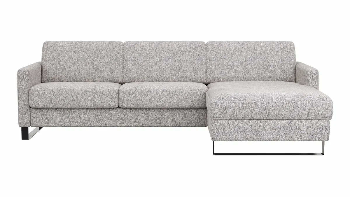 Schlafsofa Laredo - 2-Sitzer mit Longchair rechts inkl. Schlaffunktion mit Bettkasten, Stoff, Graubeige