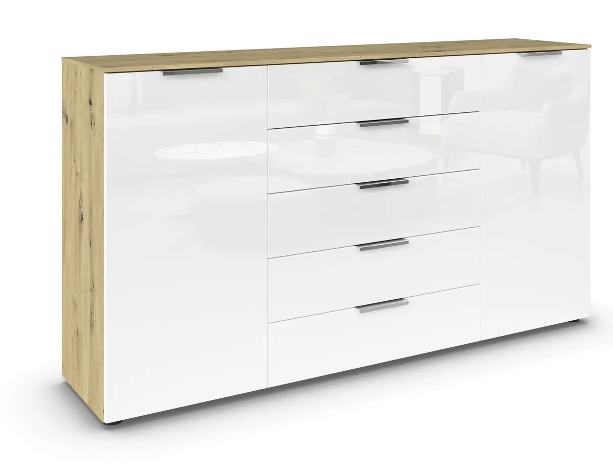 Kommode RIPP- Eiche Dekor, Glas, Weiß