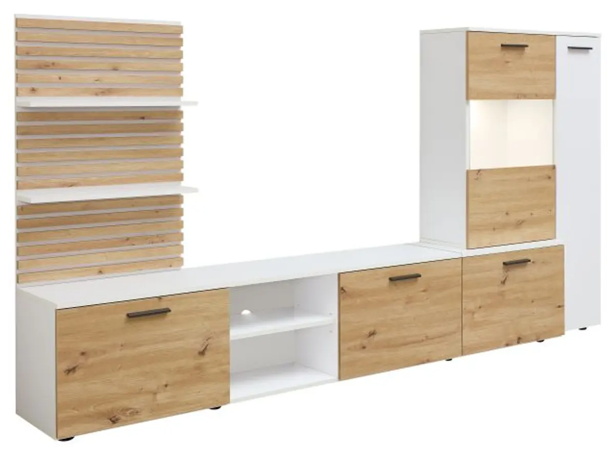 Wohnwand- Weiß, Eiche Dekor