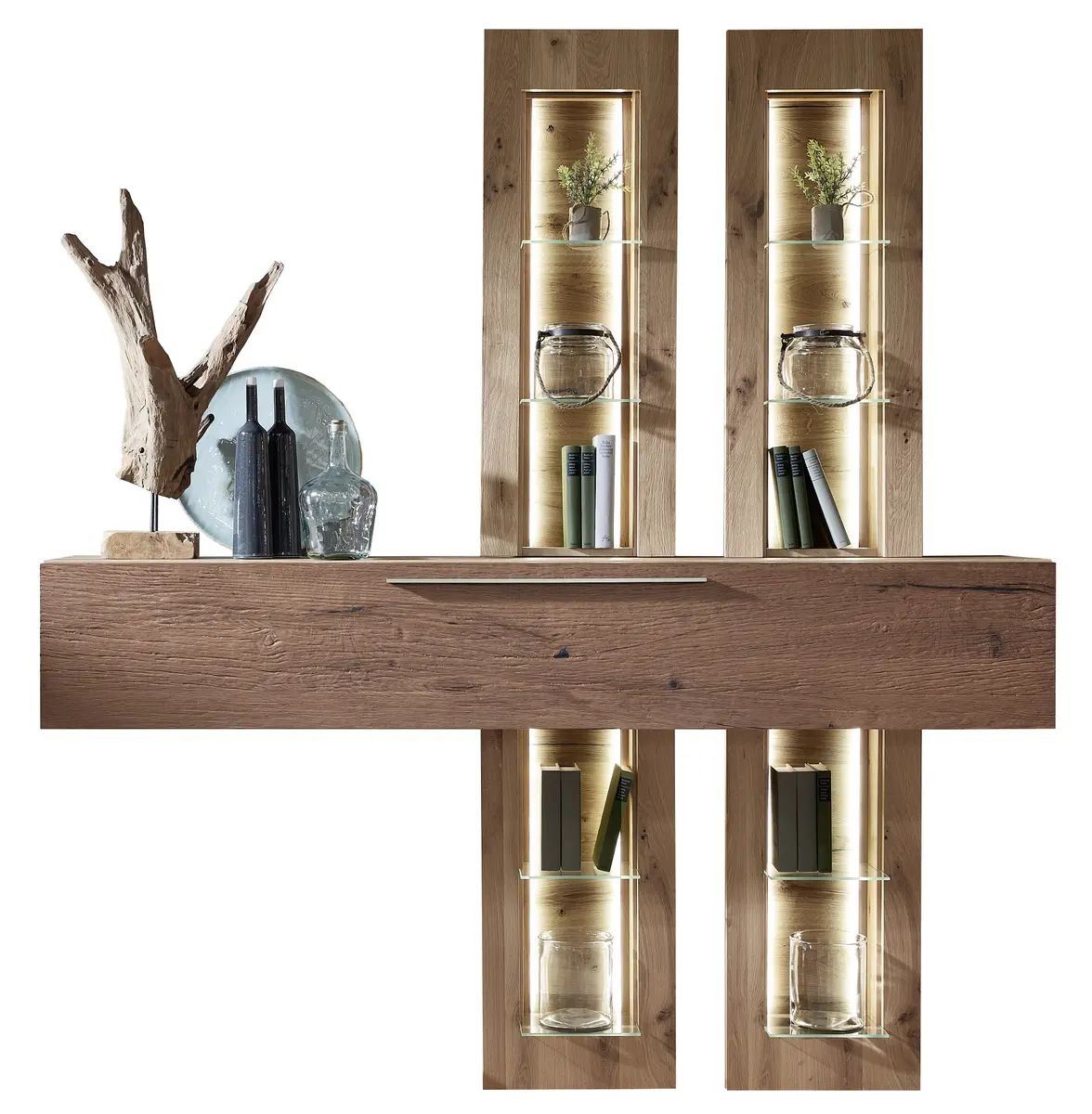 Wohnwand - mit Beleuchtung, Alteiche Furnier, Akzent Alteiche Rustic