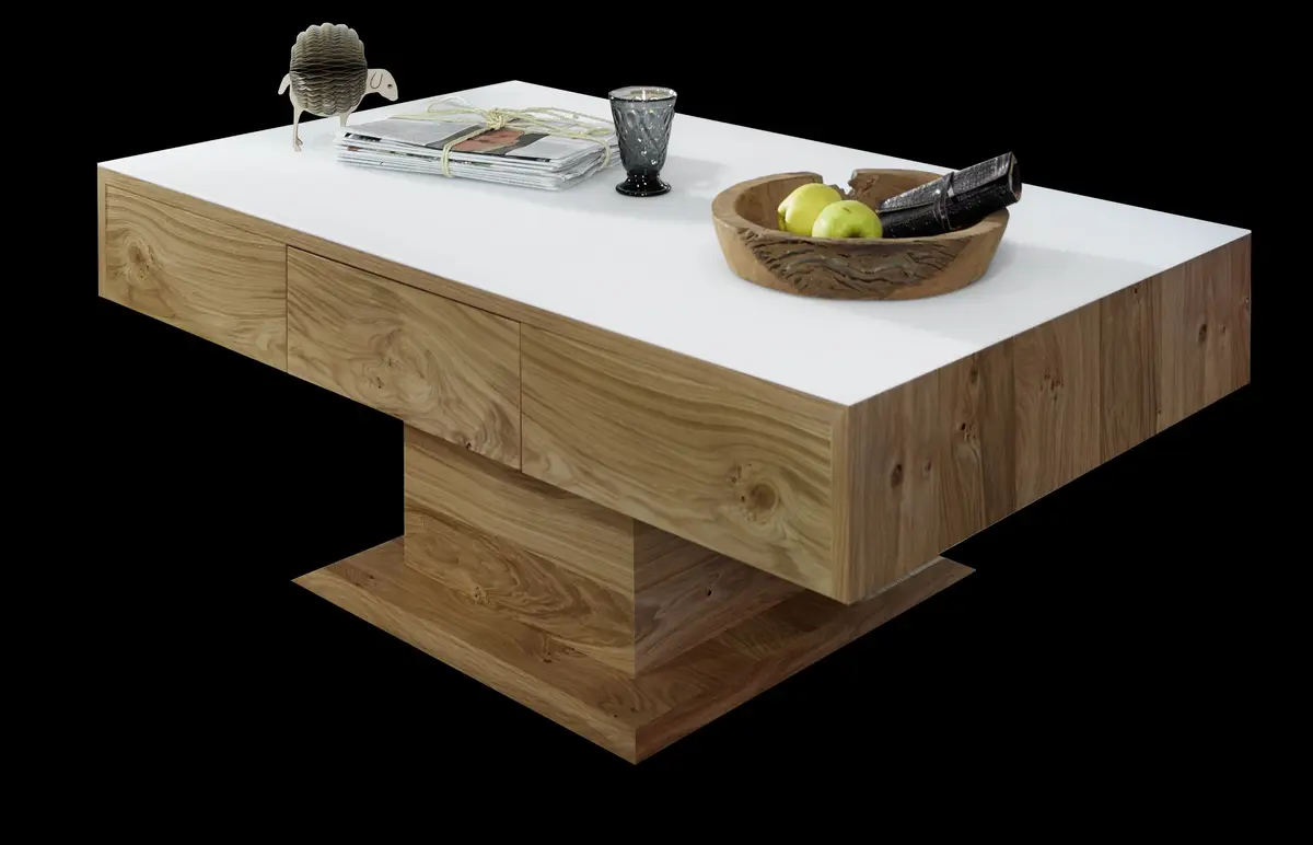 Couchtisch - Schubkasten, LBH ca. 120x70x44,4 cm, Kernwildasteiche Furnier, Satinglasauflage Weiß