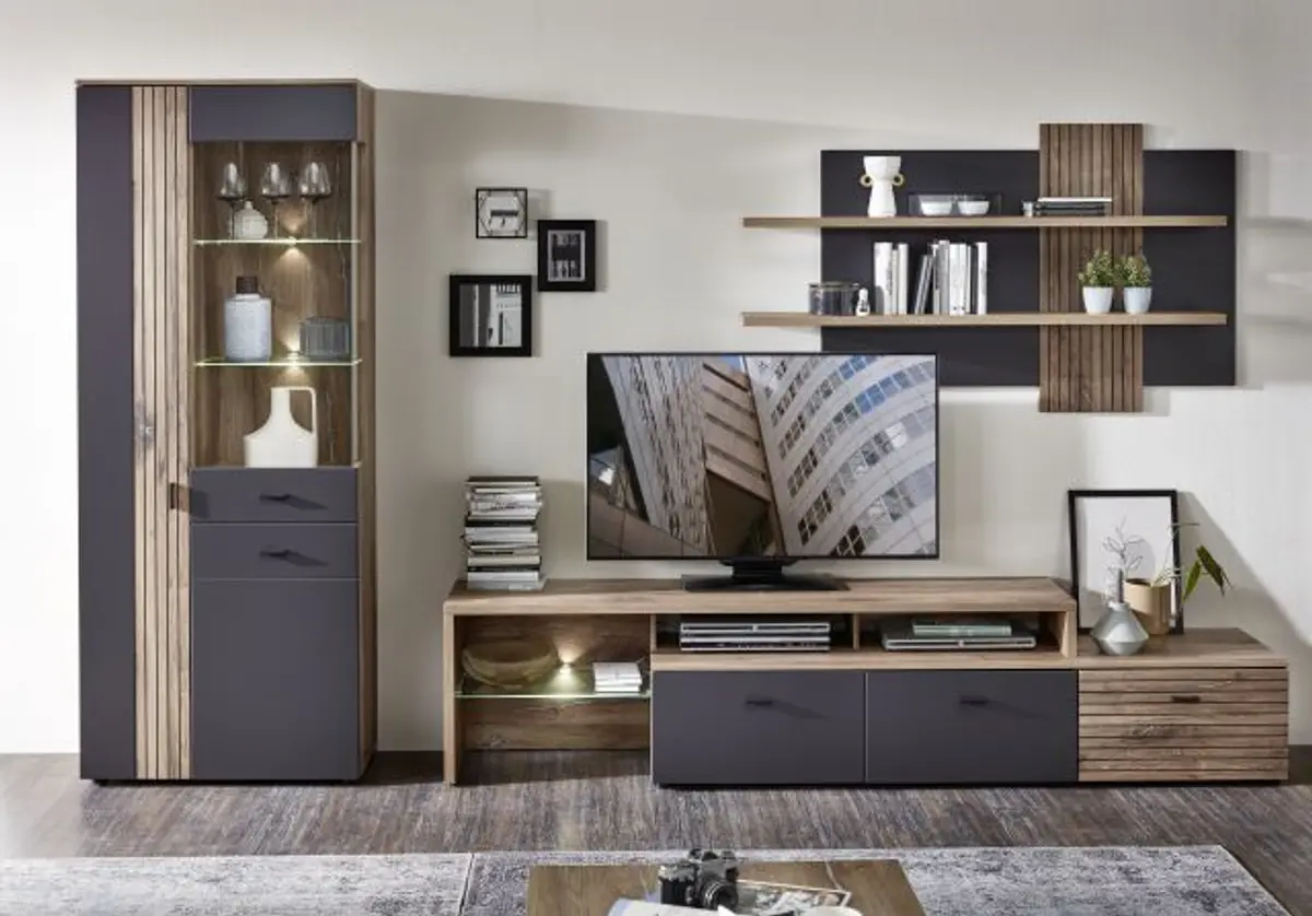 Wohnwand - mit Beleuchtung, Grau, Eiche Dekor