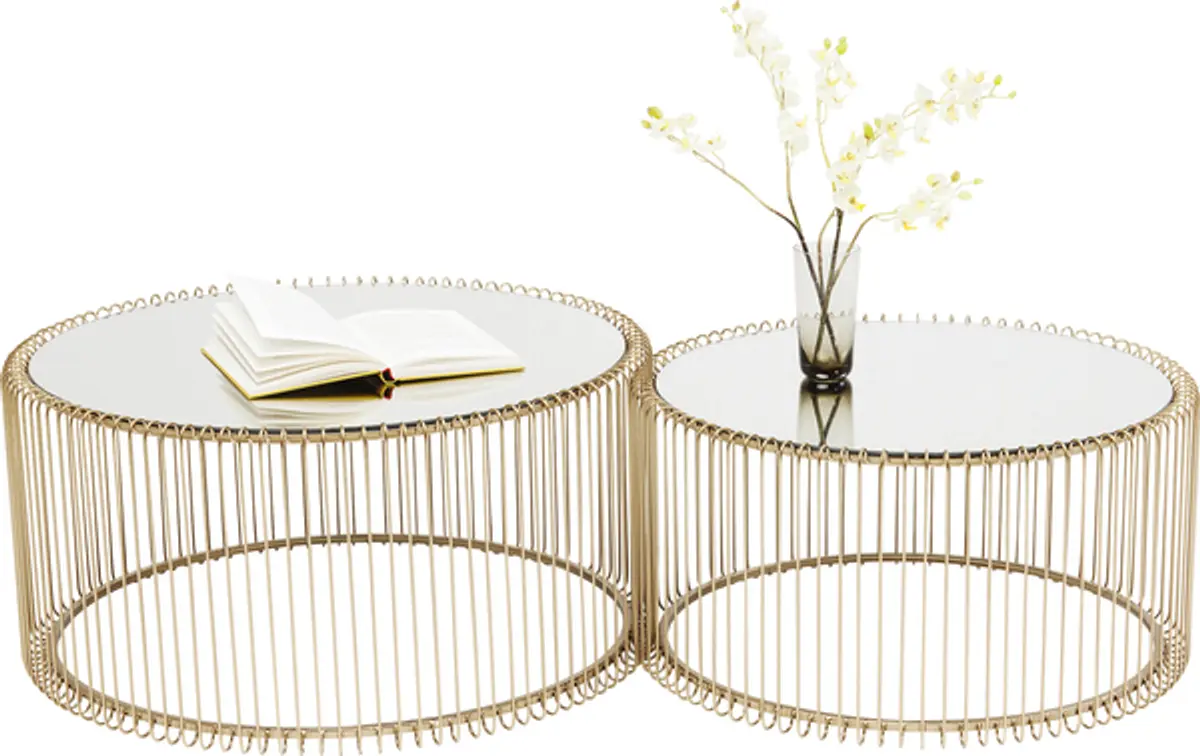 Couchtisch- 2-er Set, Messing, Pulverbeschichtet, Goldfarben, Glas