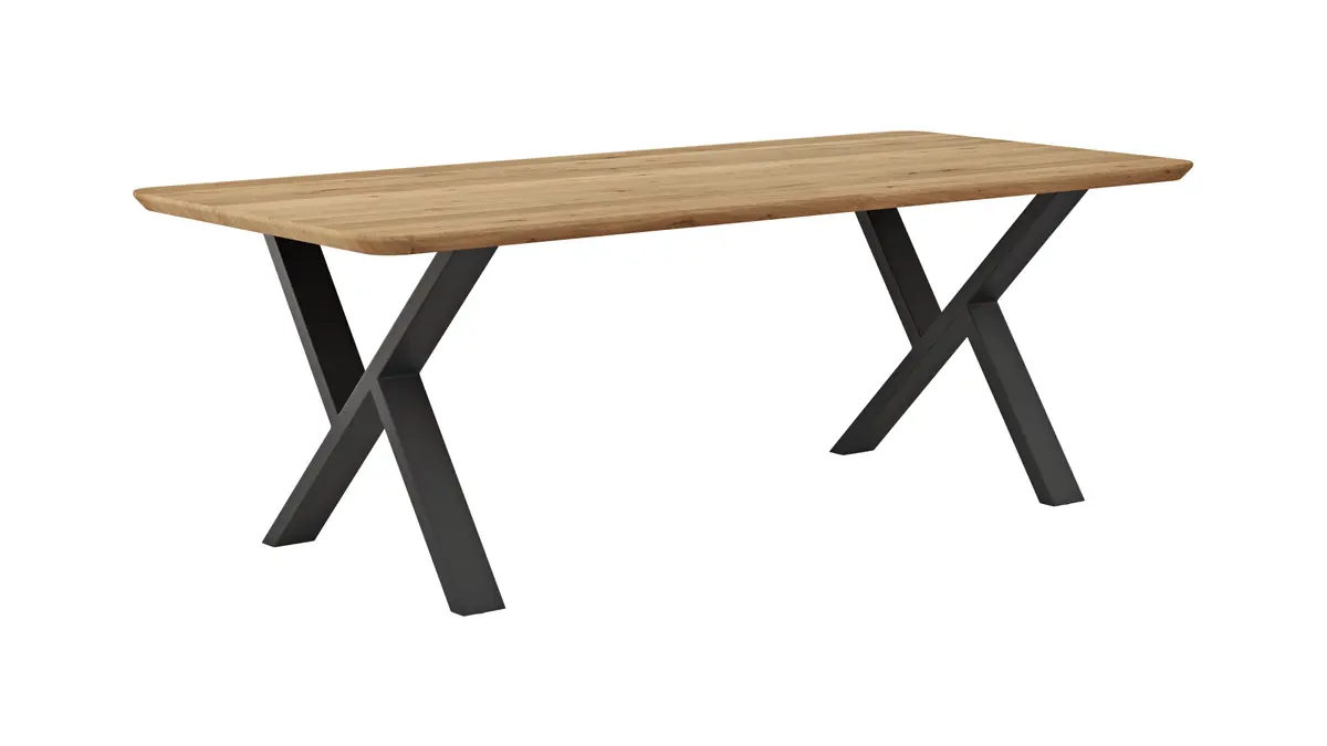 Esstisch Belfast - LB ca. 220x100 cm, Eiche massiv, X-Gestell asymmetrisch