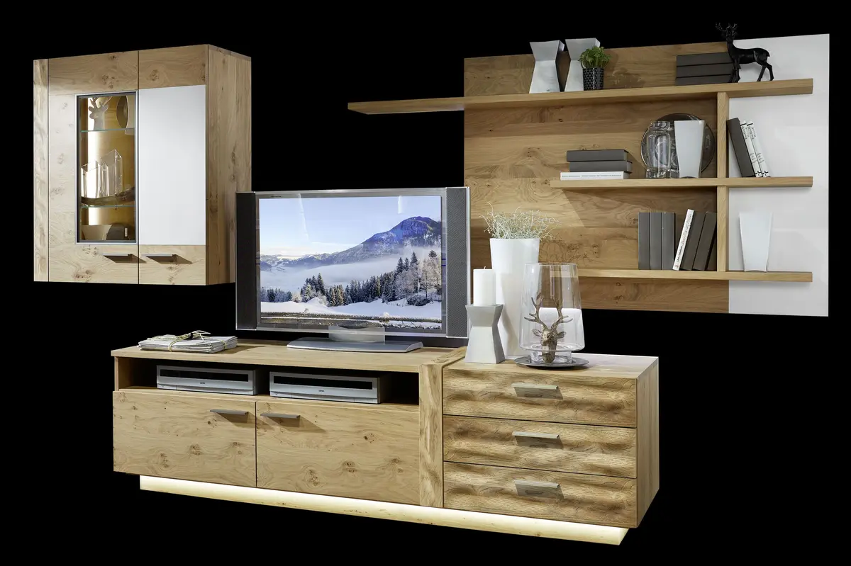 Wohnwand - mit Beleuchtung, Wildasteiche Furnier, Almschroppung, Satinglas Weiß