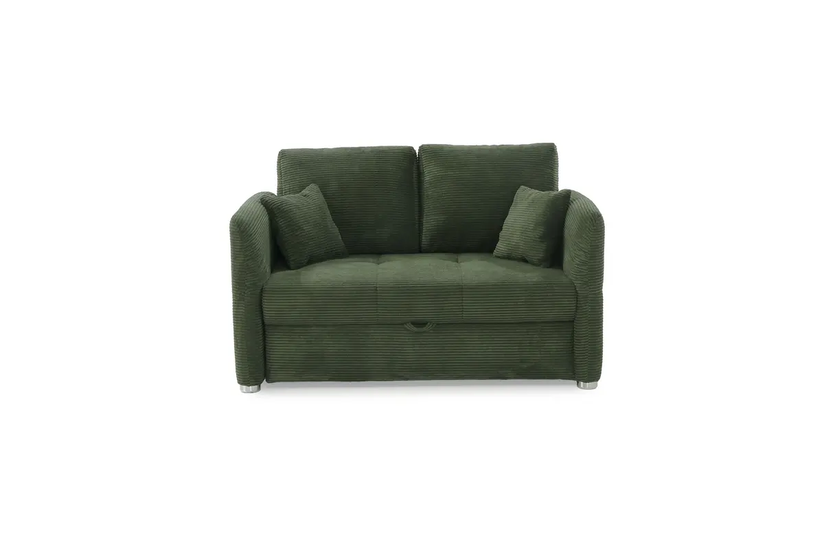 Sofa JORDEN - 1,5-Sitzer inkl. Schlaffunktion mit Bettkasten, verstellbare Armlehnen, Cord, Grün
