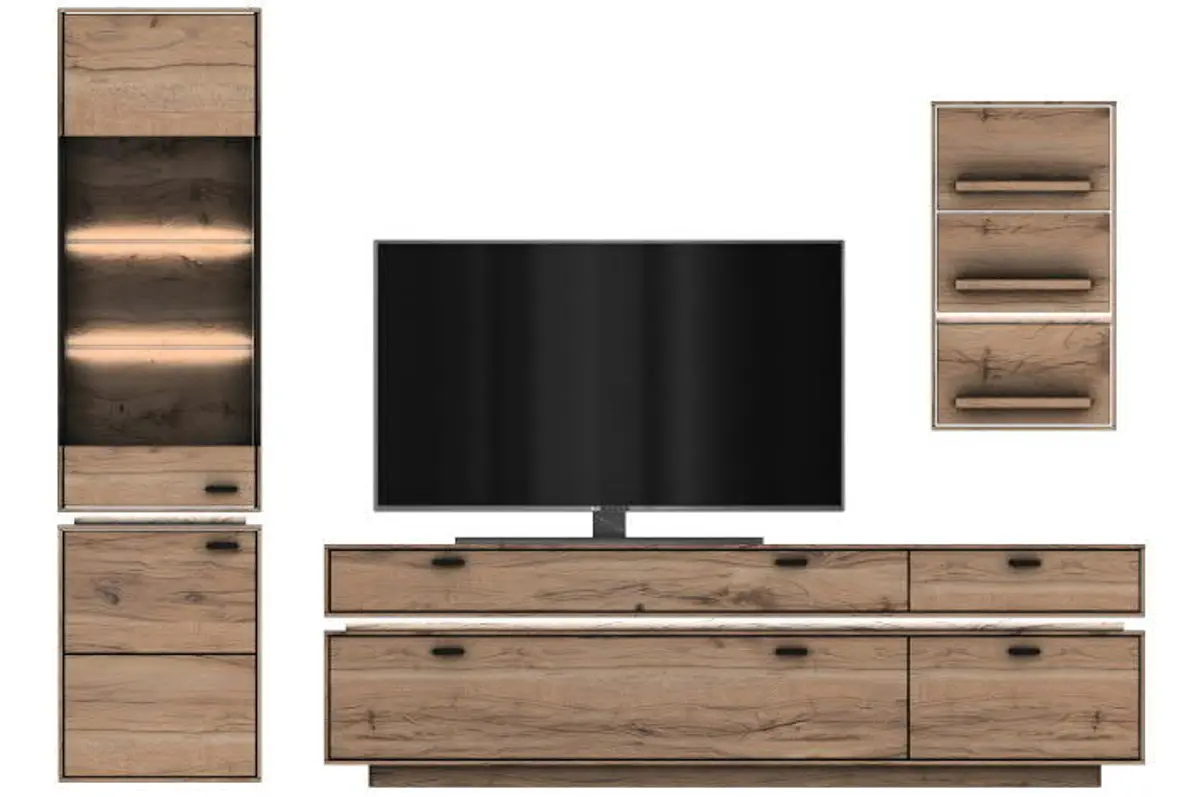 Wohnwand - mit Beleuchtung, Wildeiche massiv