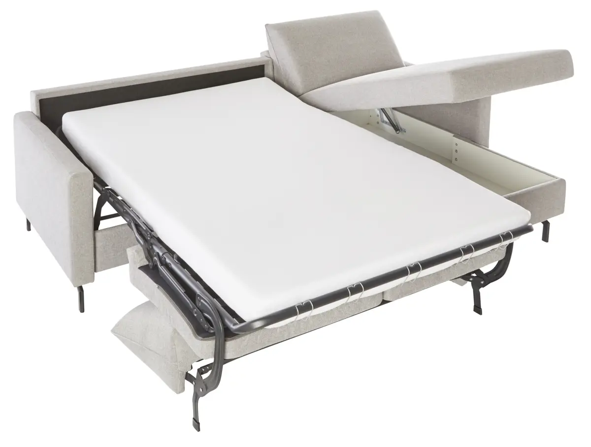 Schlafsofa Melida - 2-Sitzer mit Longchair rechts inkl. Schlaffunktion mit Bettkasten, Stoff, Hellgrau