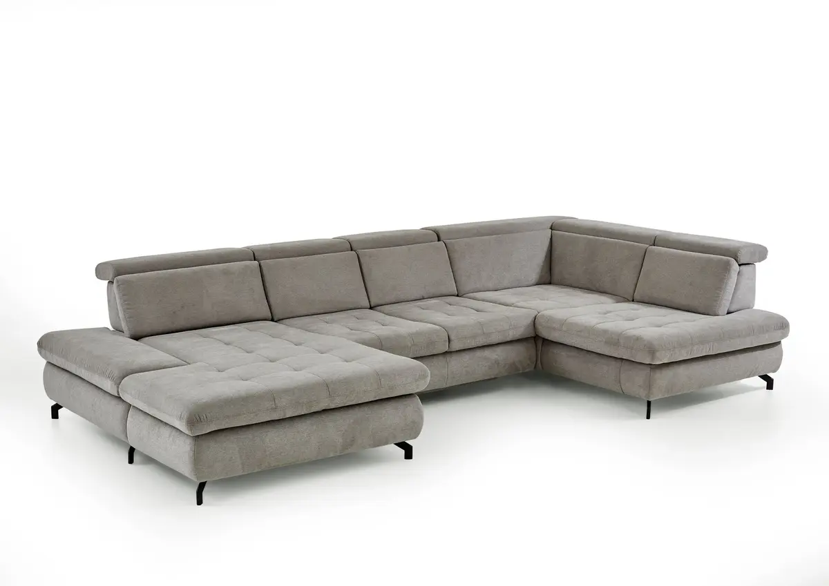 Wohnlandschaft - Longchair links mit 2,5-Sitzer und Ecke rechts, Sitztiefe verstellbar, Stoff, Granit