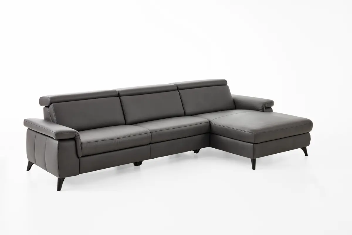 Ecksofa - 2-Sitzer mit Longchair rechts, Leder, Anthrazit