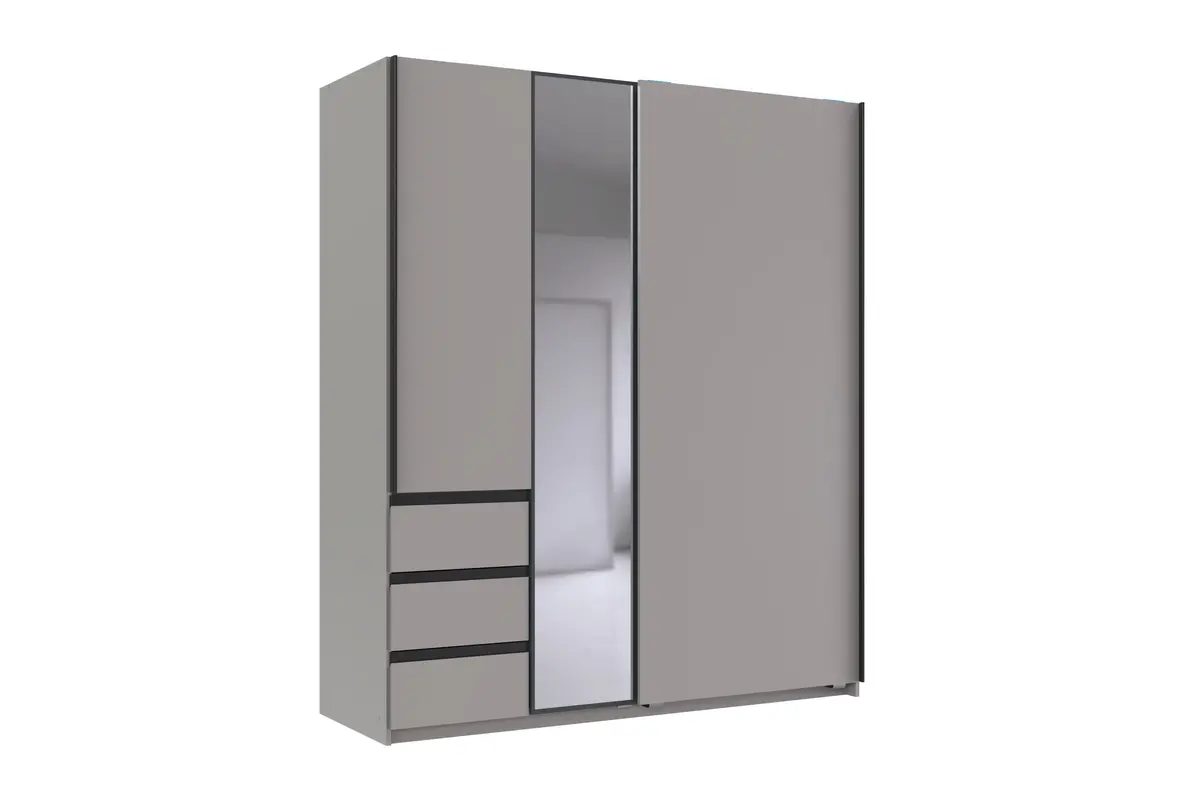 Schwebetürenschrank- B168 cm, Hellgrau, Graphit, Spiegel