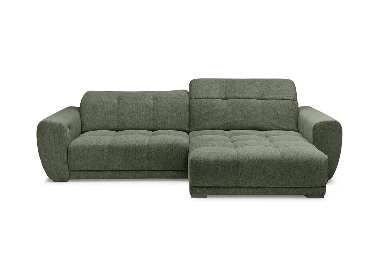 Ecksofa -2-Sitzer mit Longchair rechts, Kopfteil verstellbar, Sitztiefe verstellbar motorisch, Stoff, Moos
