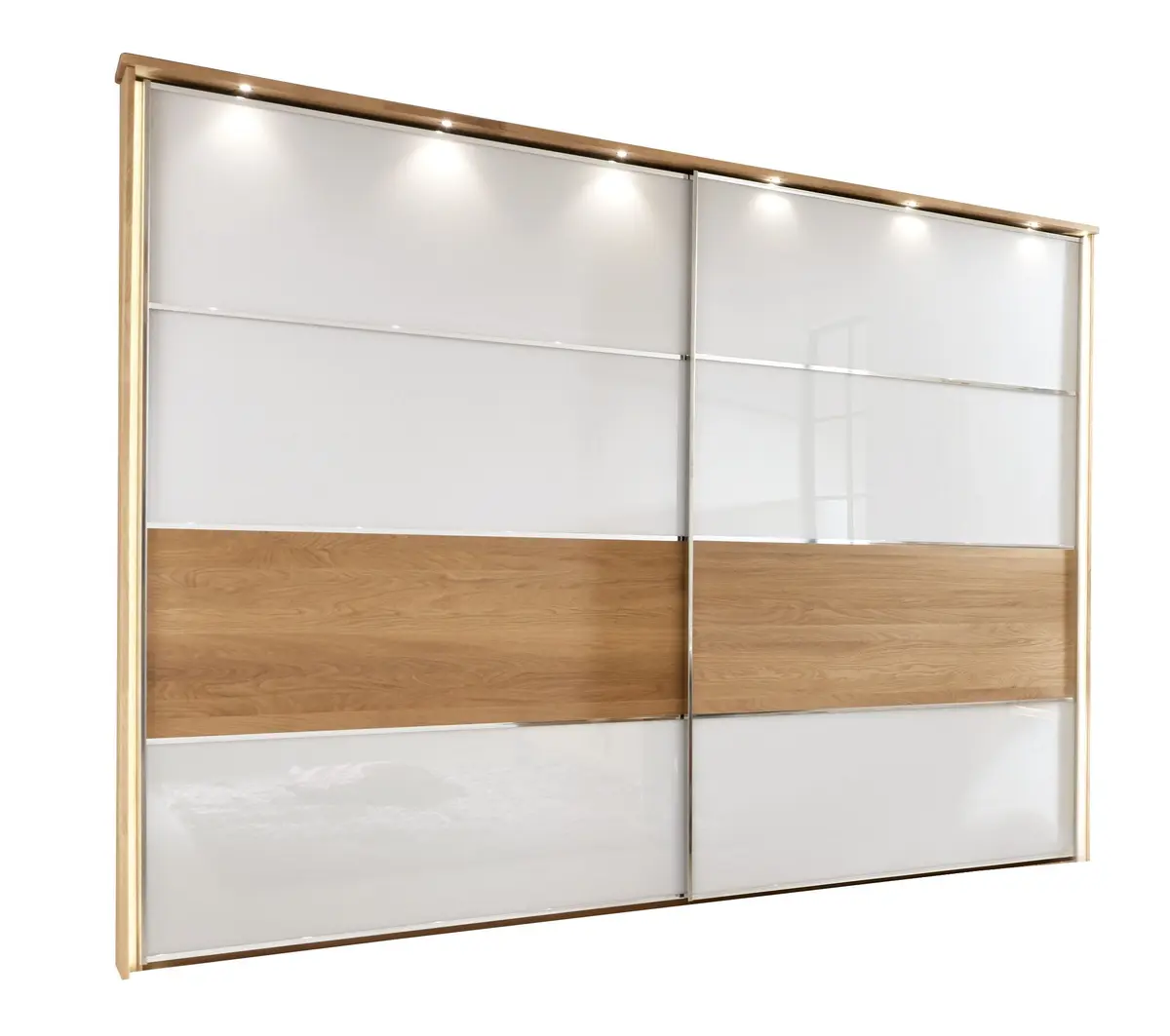 2-türiger Schwebetürenschrank mit  Glasfront Weiß und Eiche