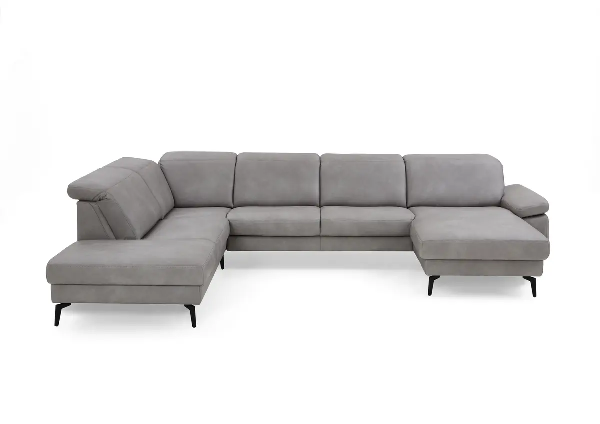 Wohnlandschaft - Ecke links mit 2,5-Sitzer und Longchair rechts, Kopfteil verstellbar, Leder, Alufarben