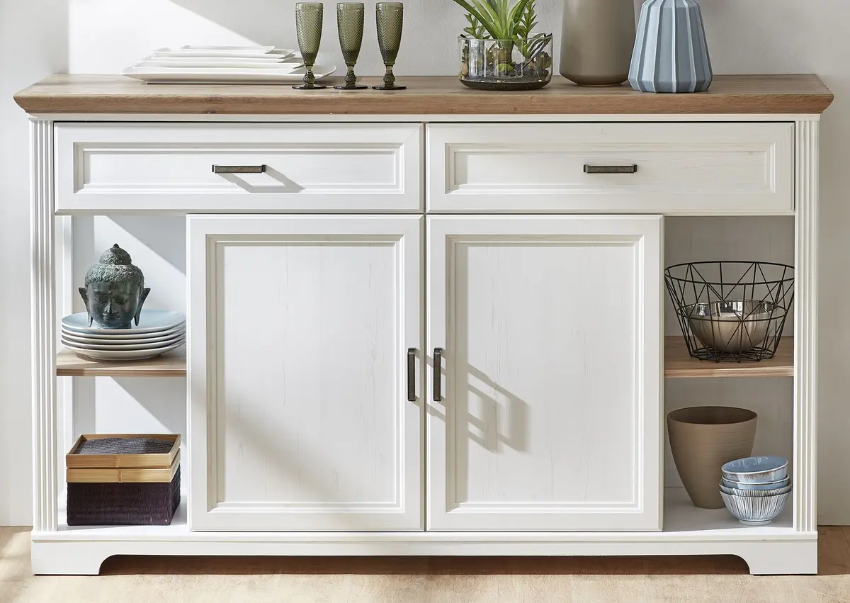 Sideboard - Weiß, Eiche Dekor