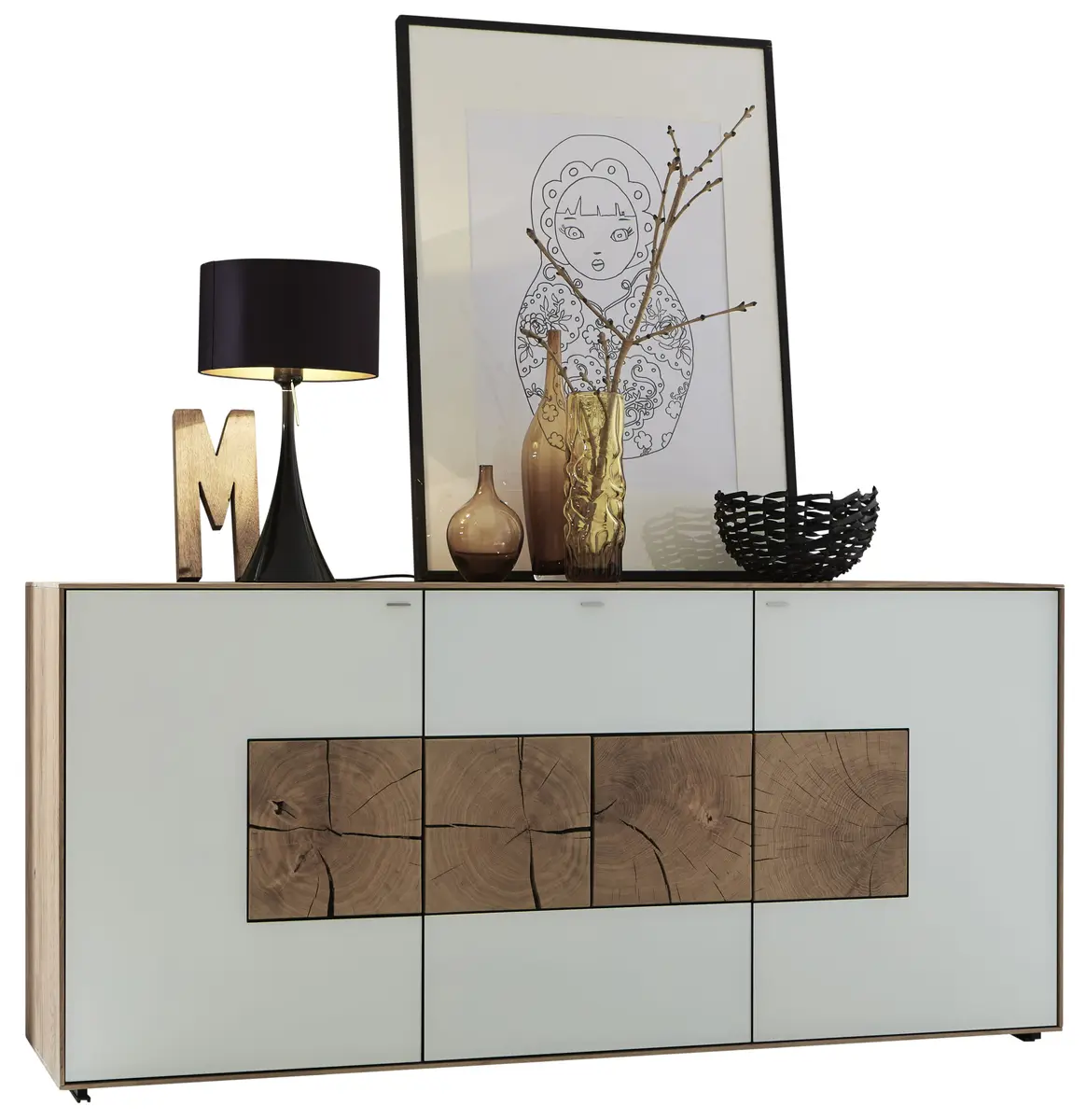 Sideboard - Kerneiche massiv, Mattglas, Weiß mit Hirnholzscheiben