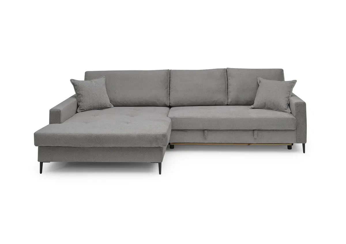 Ecksofa - Longchair links mit 3-Sitzer, Schlaffunktion mit Bettkasten, Stoff, Grau