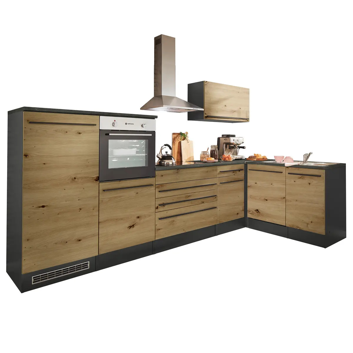 Küchenblock Eck- ohne E-Geräte, B ca. 320 cm, Anthrazit, Eiche Dekor