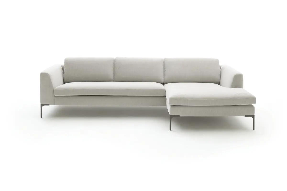 Ecksofa Lenni Full - 2,5-Sitzer mit Longchair rechts, Stoff, Hellgrau, bündige Kissen
