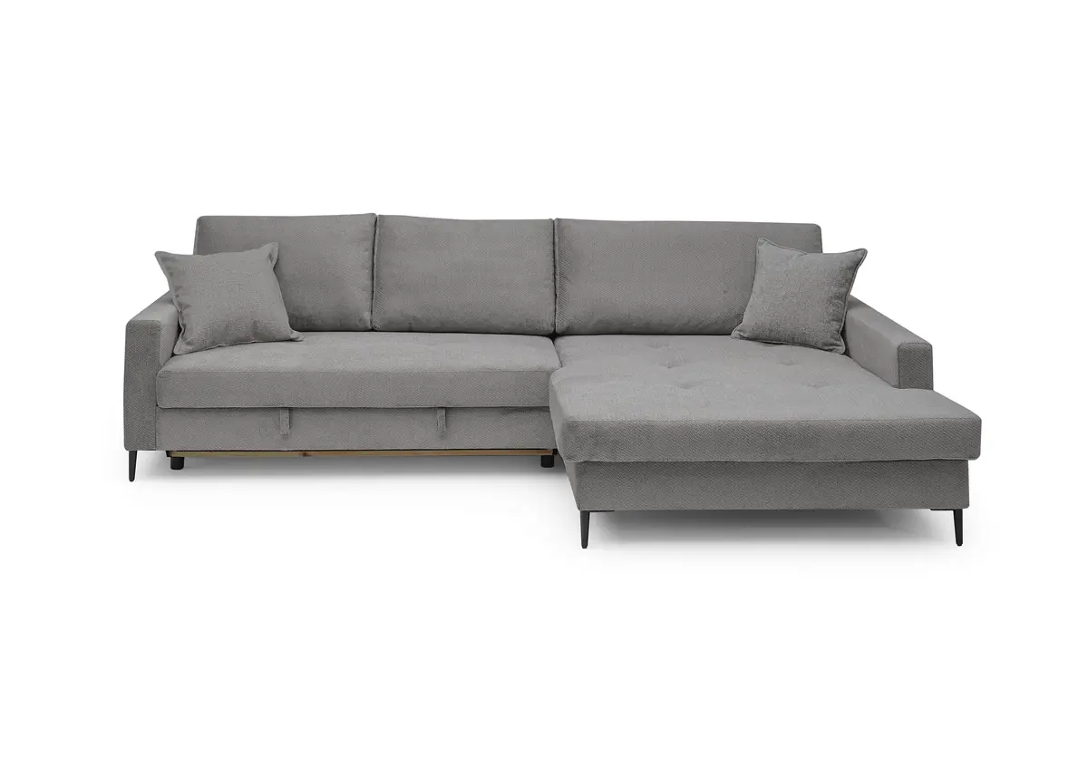 Ecksofa - 3-Sitzer mit Longchair rechts, Schlaffunktion mit Bettkasten, Stoff, Grau