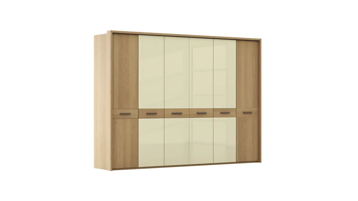 Drehtürenschrank Lenoso - B. ca. 306 cm, Eiche massiv, Glas, Champagner