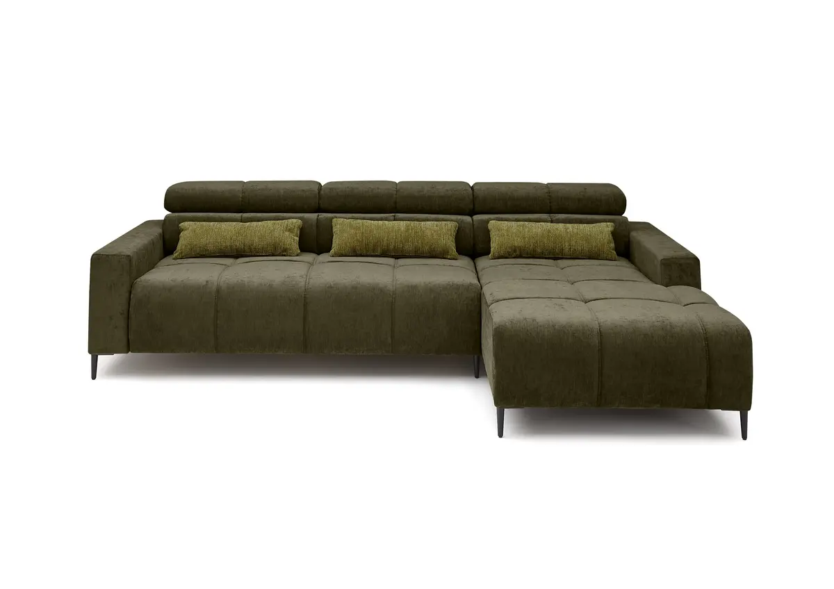 Ecksofa - 2-Sitzer mit Longchair rechts, Sitztiefe verstellbar motorisch/Kopfteil verstellbar, Stoff, Dunkelgrün