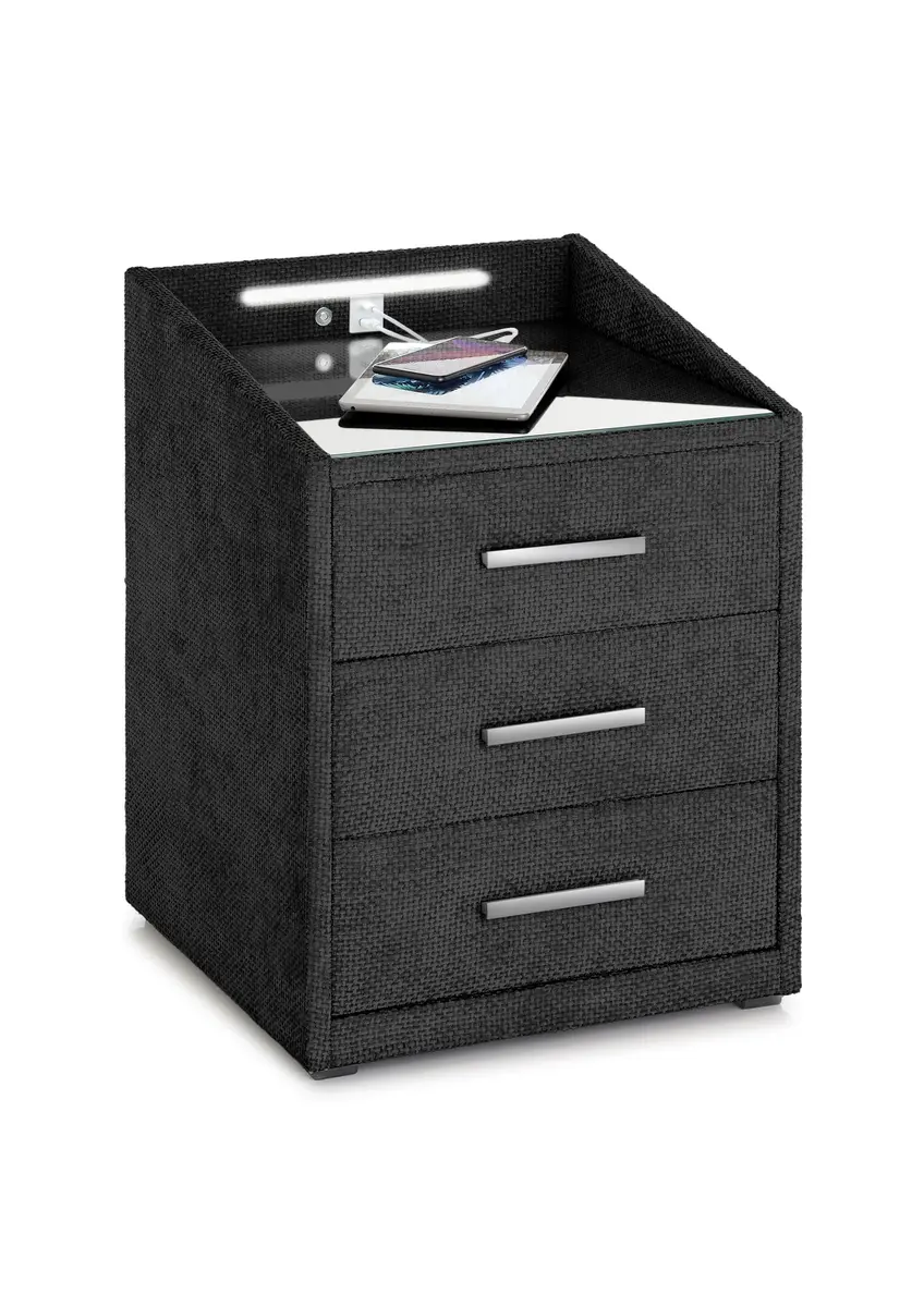 Nachttisch- Dunkelblau, mit Glasplatte, inkl. Beleuchtung