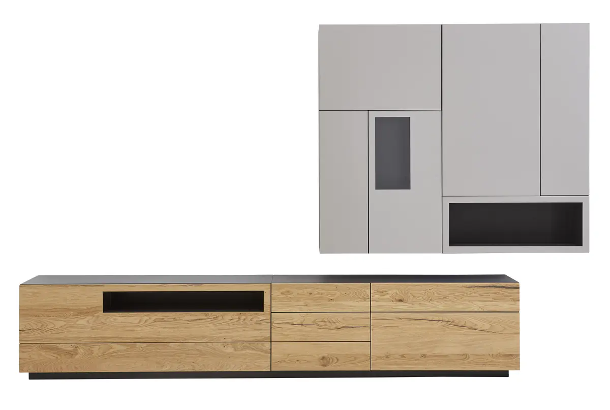 Wohnwand 4450 - Balkeneichefurnier, Lack, Grau
