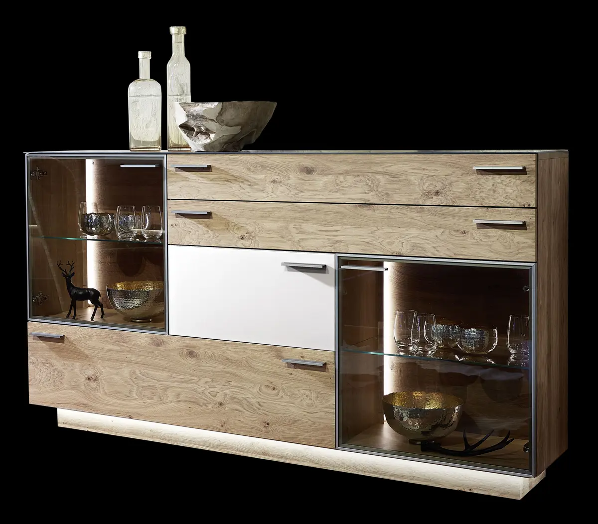 Sideboard - mit Beleuchtung, Kernasteiche Furnier, Akzent Satinglas Weiß