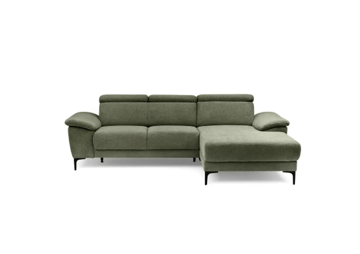 Ecksofa EZRA - 2-Sitzer, Ecke rechts inkl. Kopfteilverstellungen, Stoff, Graugrün