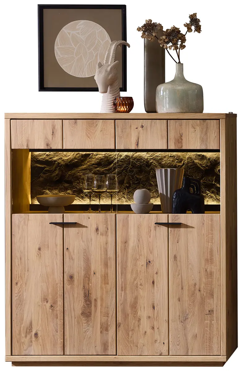 Highboard - mit Beleuchtung, Wildeiche massiv