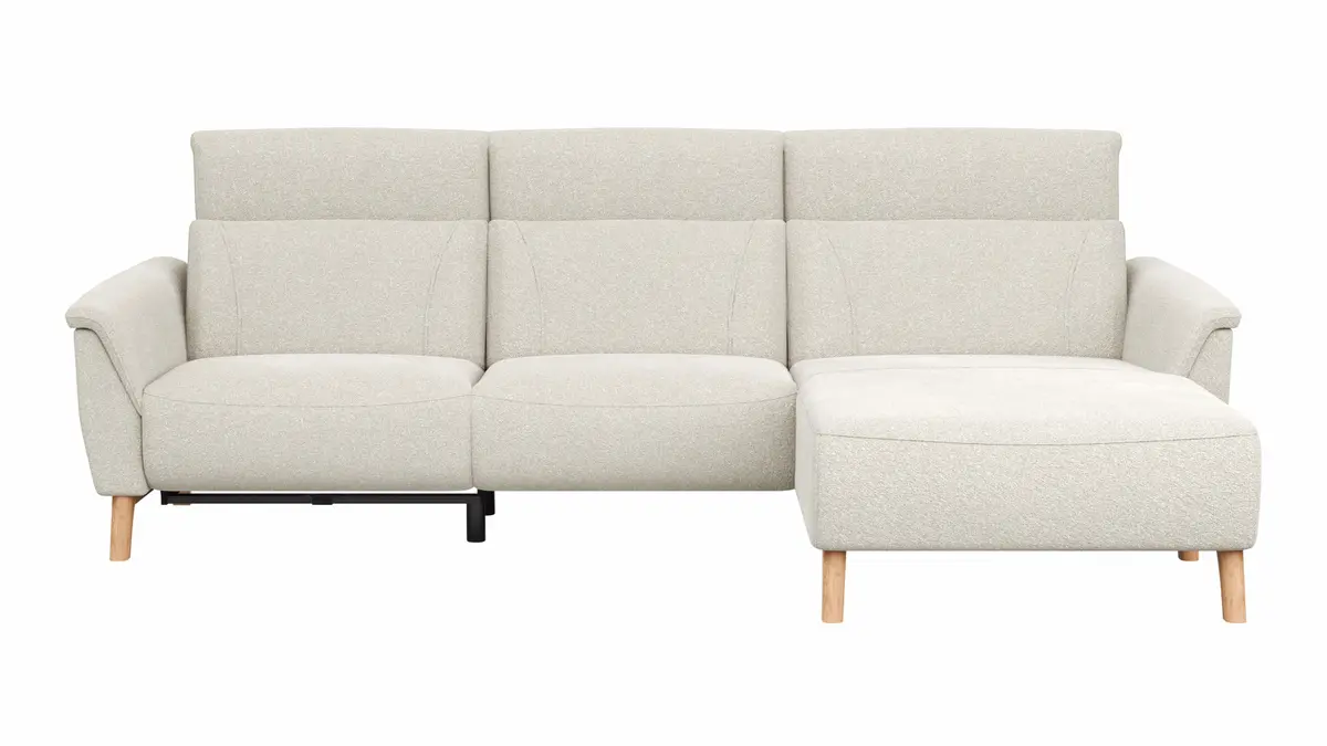 Ecksofa Nevin - 2-Sitzer mit Longchair rechts, inkl. Relaxfunktion (motorisch) und Kopfpolsterverstellung, Stoff, Weiß