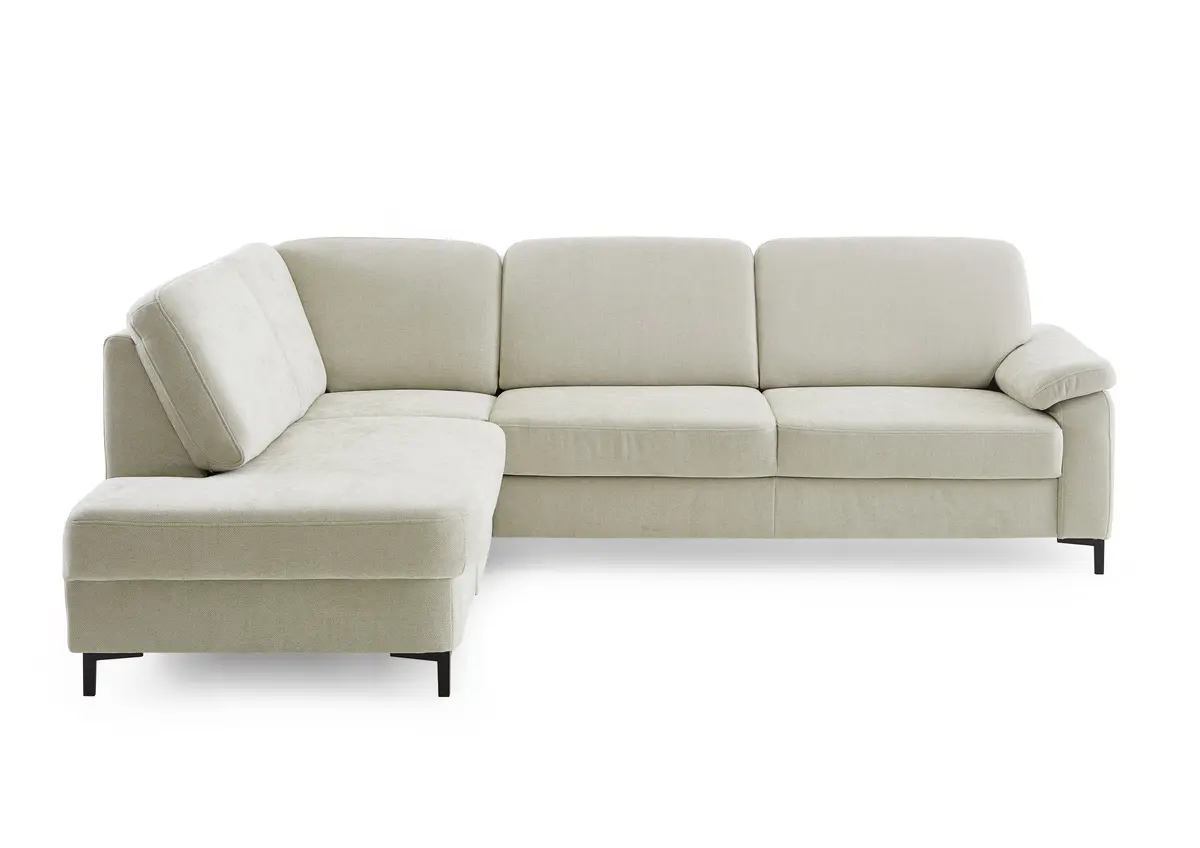 Ecksofa - Ecke links, 3-Sitzer inkl. Schlaffunktion mit Bettkasten, Premiumkopfstützen, 2 ZierkissenStoff, Beige