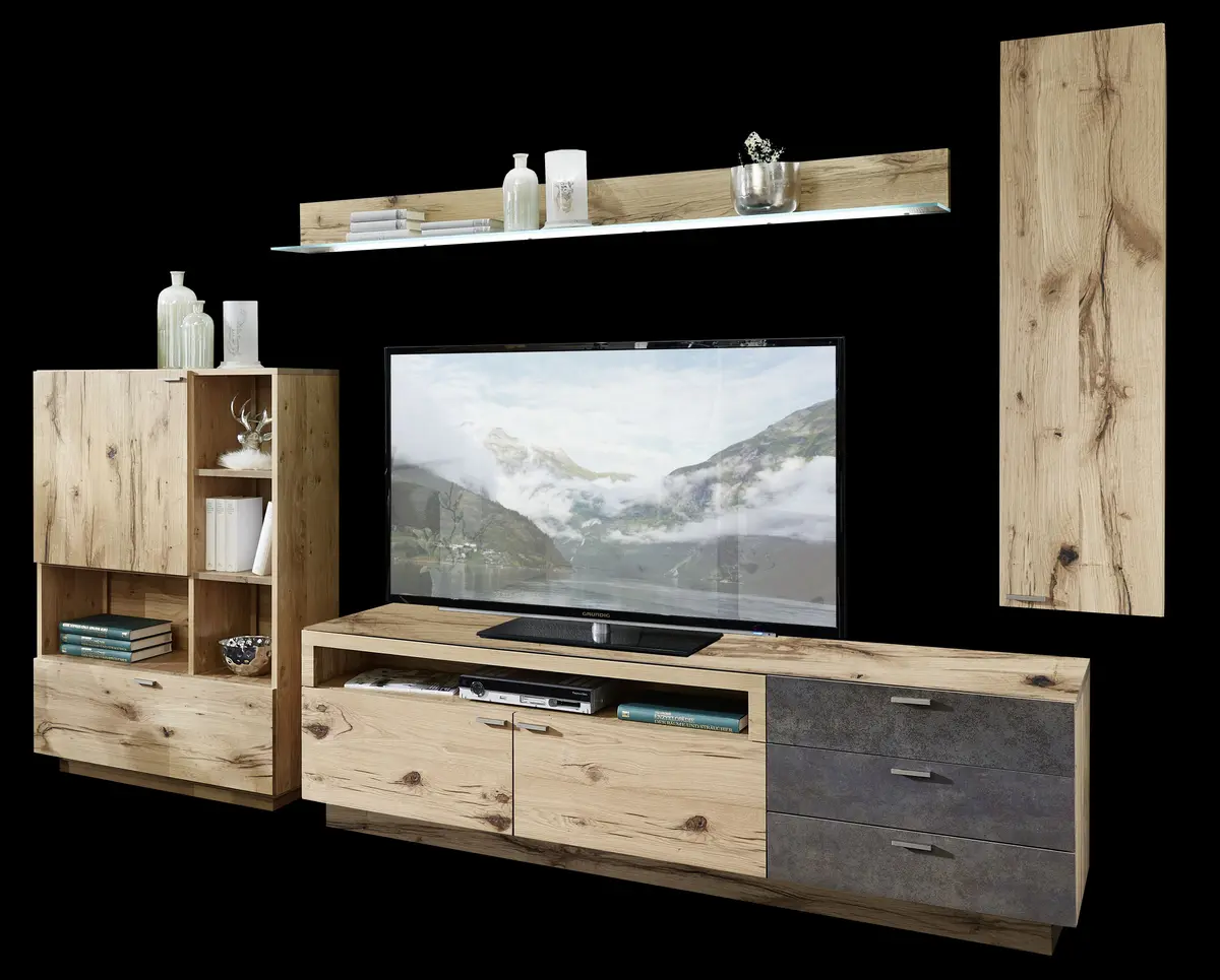 Wohnwand - mit Beleuchtung, Alteiche Furnier, Akzent Keramik Moos