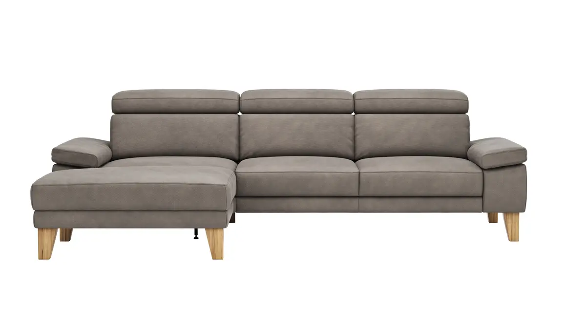 Ecksofa Hudson - Longchair links mit 2,5-Sitzer, inkl. Kopfteil verstellbar, Stoff, Steingrau