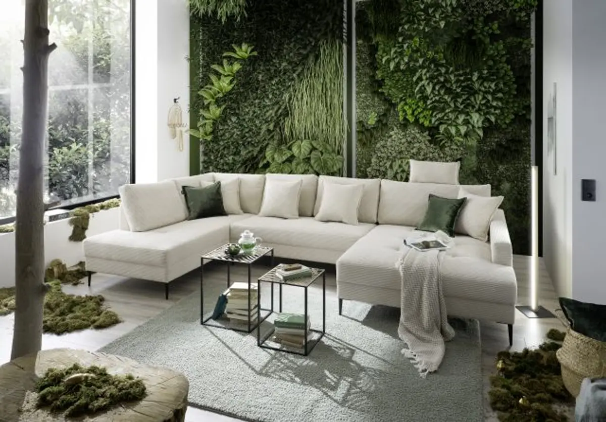 Wohnlandschaft - Ecke links, 2-Sitzer, Longchair rechts, Stoff, Beige