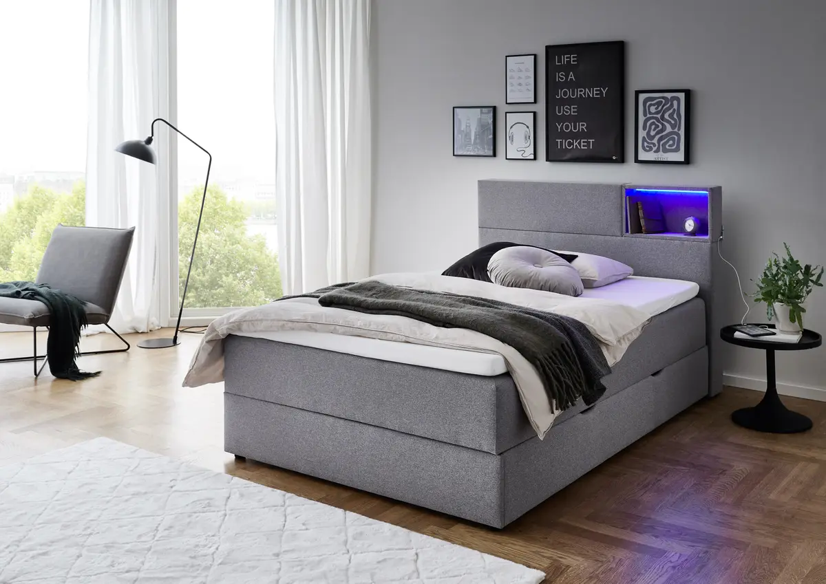 Boxspringbett - Liegefläche ca. 140x200 cm, inkl. Beleuchtung, Ablage und USB-Anschluss, Stoff, Hellgrau